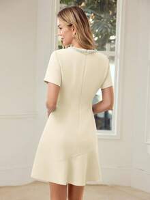 MOTF PREMIUM WOMEN'S FAUX PEARLS BEADED DETAIL SHORT SLEEVE DRESS FOR DATES, SPRING/SUMMER - Apricot - View 3