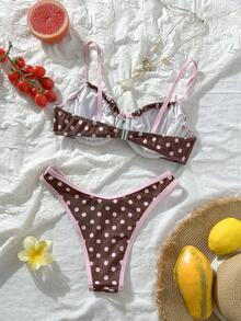 Swim Mod Bộ bikini 2 mảnh mùa hè dành cho nữ, in họa tiết chấm bi, có gọng, thắt nơ kiểu yếm và quần bikini viền bèo nhún, thích hợp cho kỳ nghỉ biển. - Nhiều màu - Xem 2