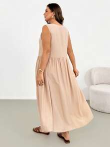 Shapeblank Đầm dài không tay màu kaki có túi, cài nút, dành cho nữ cỡ lớn, thời trang xuân/hè, kiểu dáng thường ngày, rộng rãi, thoáng mát, thoải mái, đa năng, tôn dáng, thích hợp mặc hàng ngày, trang phục mùa hè, trang phục đi nghỉ mát, phong cách đơn giản, mùa hè châu Âu. - Màu be - Xem 2