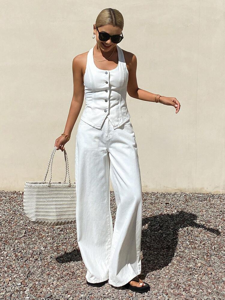 Women's Halter Backless Denim Top And Loose Wide-Leg Pants Casual Vacation Denim Set Summer
