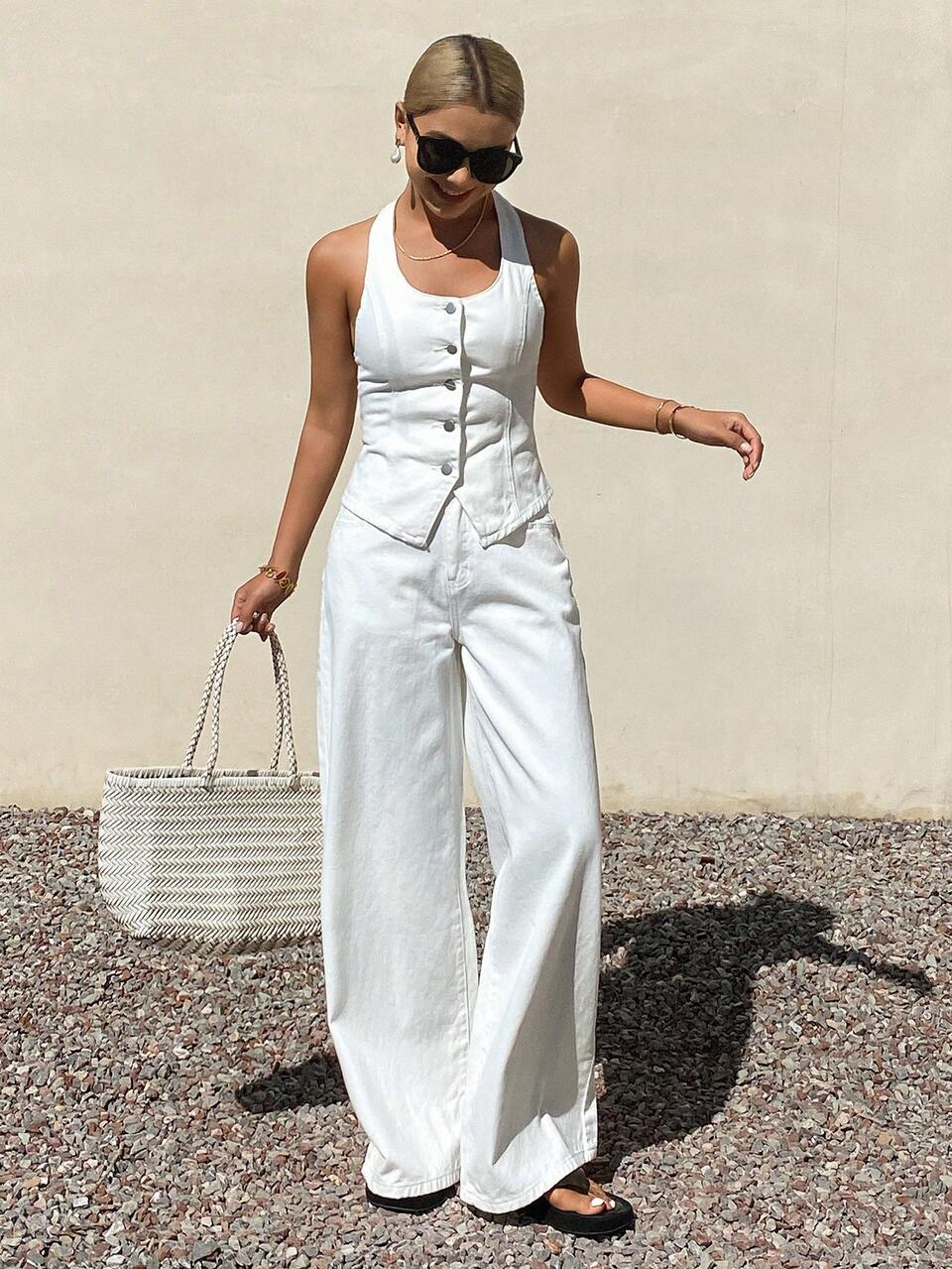 Women's Halter Backless Denim Top And Loose Wide-Leg Pants Casual Vacation Denim Set Summer