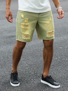 Manfinity Homme Men's Casual Washed Distressed Denim Shorts Distressed Denim Shorts Men - Army Green - View 7