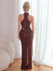 Turnttoni 棕色露背金属扣缀饰直筒亮片优雅连衣裙，适合鸡尾酒会、浪漫约会、秋冬分层连衣裙、派对、正式聚会、万圣节连衣裙、圣诞节连衣裙 - 棕色 - 查看 2