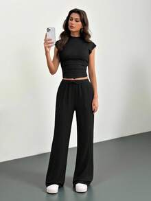 SHEIN Tall 女士夏季纯色立领褶皱上衣裤套装（2件套），休闲女装，运动服，女士夏季服装，女士夏季休闲套装，棕色两件套，女士两件裤装，女士休闲两件套，舒适两件套，棕色裤装，女士棕色裤装两件套 - 黑色 - 查看 7