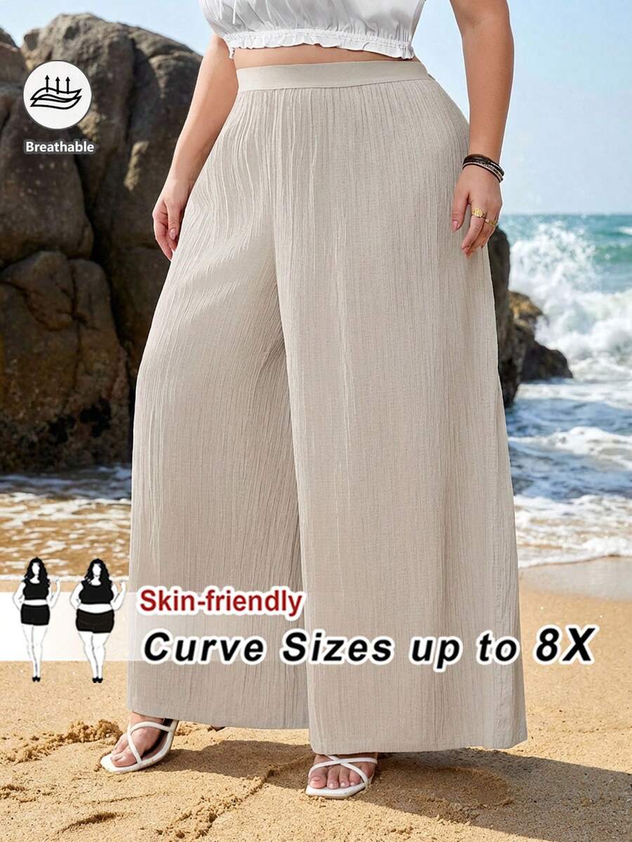 SHEIN CURVE+ Curve 尺码 US22 音乐节、海滨度假、波西米亚风女士夏季宽松纹理休闲度假阔腿裤 - 卡其色 - 查看 1