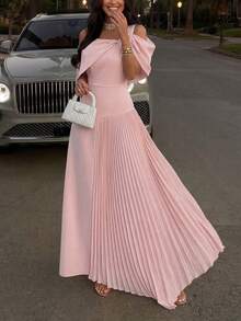 Firerie 优雅浪漫正式不对称领高腰褶皱 A 字连衣裙，适合舞会、派对、度假，粉色 - 粉色 - 查看 1