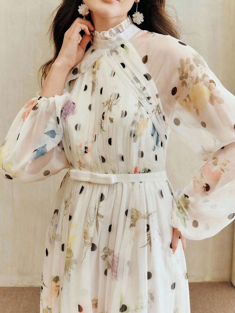 Plus Size Polka Dot & Floral Print Waist Tie Dress, Spring/Summer