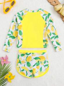 New Arrival Girls Printed Long Sleeve Zip-Up Two-Piece Swimsuit Set - Green - View 2