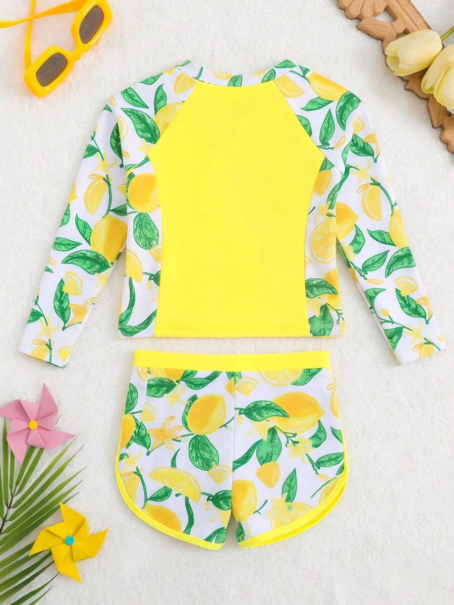 Nuevo conjunto de traje de baño de dos piezas con cremallera y manga larga estampado para niña preadolescente - Verde - Ver 1
