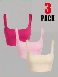 SHEIN EZwear 3件套女士休闲简约纯色方领露脐背心，适合夏季日常通勤 - 彩色 - 查看 2