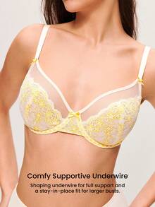 LUVLETTE Soft Woman Lingerie Breathable Underwire Sexy Unlined Minimizer Yellow & White Floral Lace & Sheer Mesh Bra - Beige - View 2
