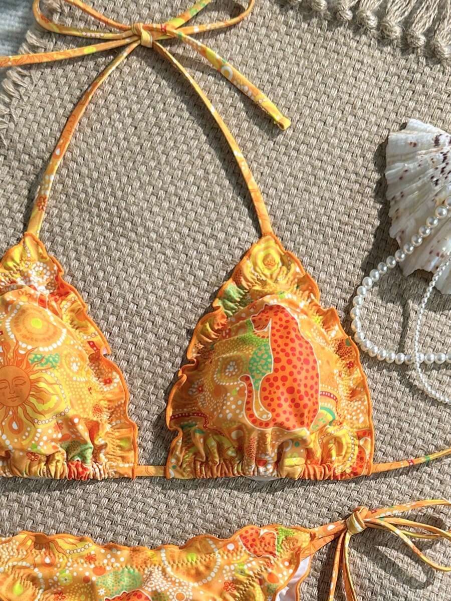 Swim Mod 2-Piece Floral Print Halter Neck Ruffle Trim Bikini Set, Swimwear For Womans Red Orange Summer Boho Beach Holiday Holiday Brazilian Bikini Set - Multicolor - View 1