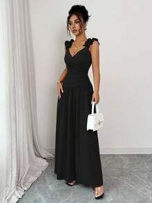 Elenzga Đầm maxi nữ mùa xuân hè kiểu Pháp lãng mạn Sicily thanh lịch thường ngày, phù hợp đi làm, đi nghỉ mát, dự tiệc trà chiều, cổ chữ V, eo xếp ly, dáng chữ A, viền bèo nhún, dây mảnh. Chất lượng tốt. Đầm mới 2026 bán chạy nhất. Đầm nữ trang phục dự tiệc. Đầm nữ thanh lịch cổ điển. - màu đen - Xem 5