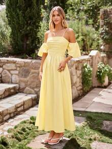 KARISMINA Robe tissée de couleur unie pour femmes, convient pour les vacances de printemps/été - Jaune d'oie - Voir 1