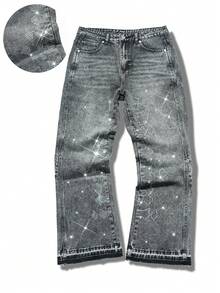 Manfinity EMRG 男士美式水钻拼接毛边水洗灰喇叭牛仔裤 - 灰色 - 查看 1