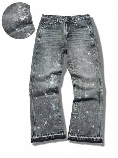 Manfinity EMRG 男士美式水钻拼接毛边水洗灰喇叭牛仔裤