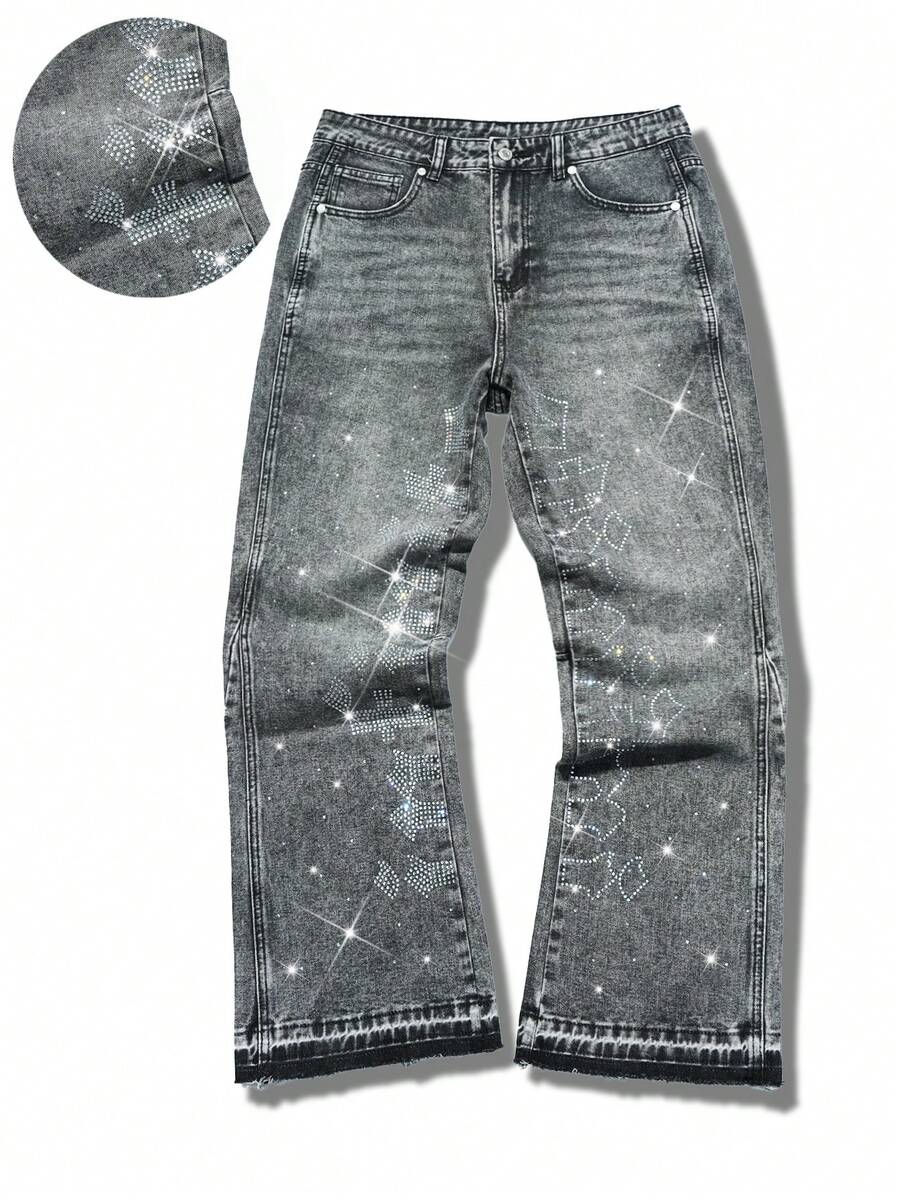 Manfinity EMRG 男士美式水钻拼接毛边水洗灰喇叭牛仔裤 - 灰色 - 查看 1