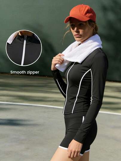 Dewbera 女士拉链长袖上衣和短裤运动套装