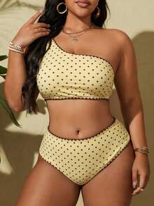 Swim Mod Plus Size Colorblock Polka Dot Print Asymmetrical Shoulder Swimsuit Set - Multicolor - View 4