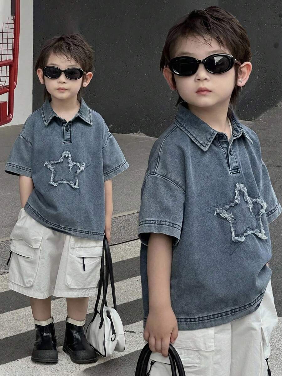 Dazy Kids 幼儿男童宽松休闲牛仔T恤，星形图案，夏季 - 藍色 - 查看 1