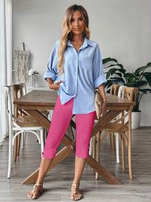 EMERY ROSE Women's Solid Color Minimalist Button Decorated Pants - Hot Pink - View 4