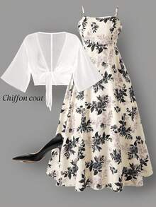 Rometta 大码女士优雅雪纺外套搭配碎花连衣裙两件套，A字型碎花连衣裙配细肩带，修身显瘦设计，适合返校、毕业典礼、情人节、音乐节、母亲节、万圣节、感恩节、复活节、国庆节、舞会、约会、派对、婚礼、户外活动等场合。 - 杏色 - 查看 1