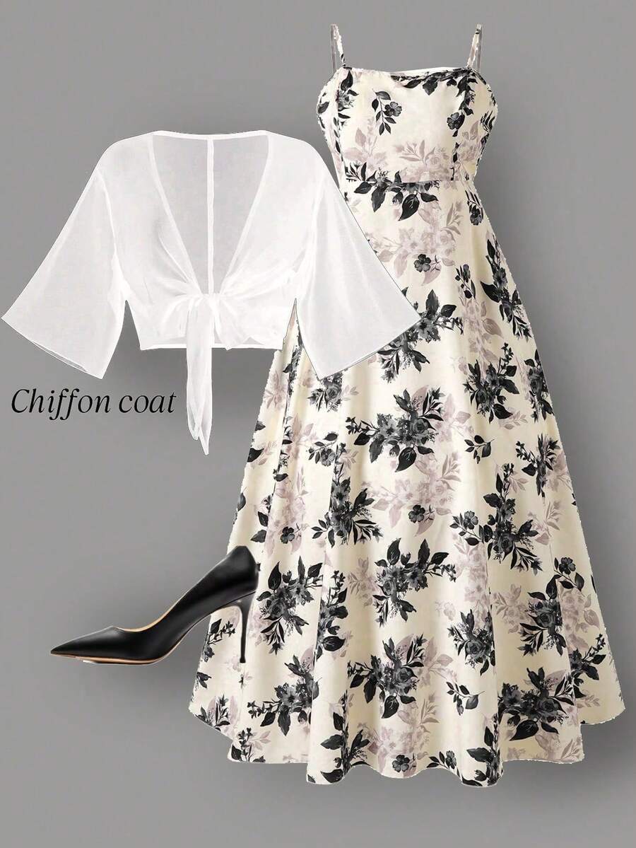 Rometta 大码女士优雅雪纺外套搭配碎花连衣裙两件套，A字型碎花连衣裙配细肩带，修身显瘦设计，适合返校、毕业典礼、情人节、音乐节、母亲节、万圣节、感恩节、复活节、国庆节、舞会、约会、派对、婚礼、户外活动等场合。 - 杏色 - 查看 1