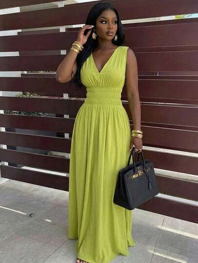 BamGleam Vestido de estilo bohemio sin mangas con cuello en V plisado 100% algodón, falda fluida con cintura elástica, mismo estilo que las blogueras, adecuado para vacaciones, playa, citas casuales