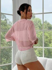 SHEIN EZwear 透视网眼纯色蝙蝠袖短款T恤 - 粉色 - 查看 2