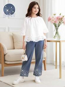 SHEIN 2pcs/Set Tween Girls Ruffle Trim Off-Shoulder Top & Pearls Embellished Denim Pants, Cute Outfit For Summer Casual Wear Summer Holiday - White - View 3