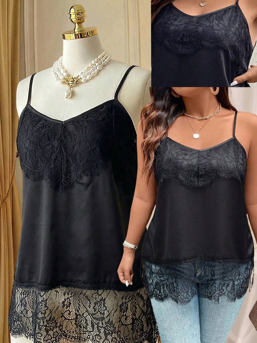 Rometta Kích thước lớn Của phụ nữ Ren Vá lại Áo ba lỗ Áo - màu đen - Xem 1