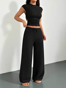 SHEIN PETITE 2件組女款夏季純色黑色休閒家居服，立領百褶襯衫與長褲套裝，舒適運動服飾兩件套，適合嬌小女性 - 黑色 - 查看 8
