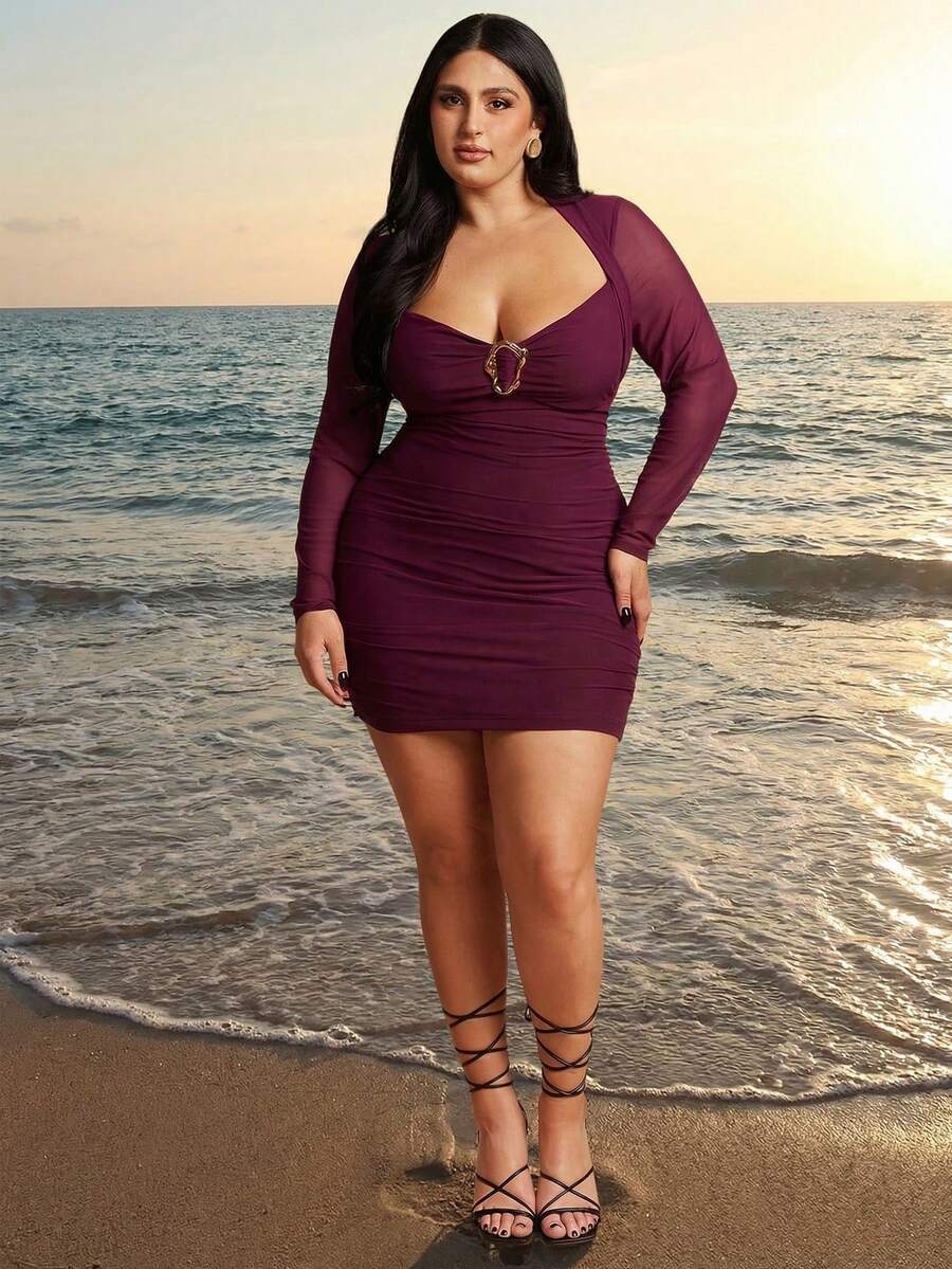 SHEIN BAE 大码女士紫色网纱紧身连衣裙 - 紫色 - 查看 1