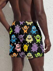 Manfinity Swimmode شورتات كاجوال للرجال مطبوعة برسوم كرتونية - الأسود - مشاهدة 2