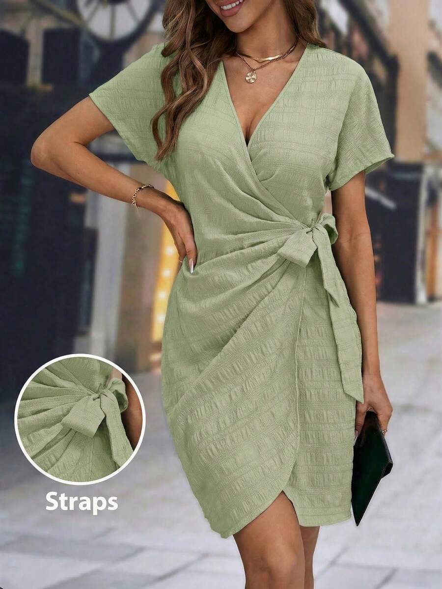 Editum Women's Solid Color V-Neck Knotted Fashionable Date Party Mini Dress,Summer Dresses For Women - Mint Green - View 1