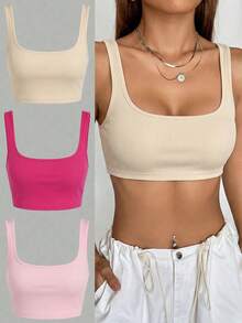 SHEIN EZwear 3件套女士休闲简约纯色方领露脐背心，适合夏季日常通勤 - 彩色 - 查看 7