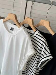 SHEIN LUNE 三件套黑白条纹女式休闲圆领落肩短袖T恤，适合春夏穿着 - 彩色 - 查看 4