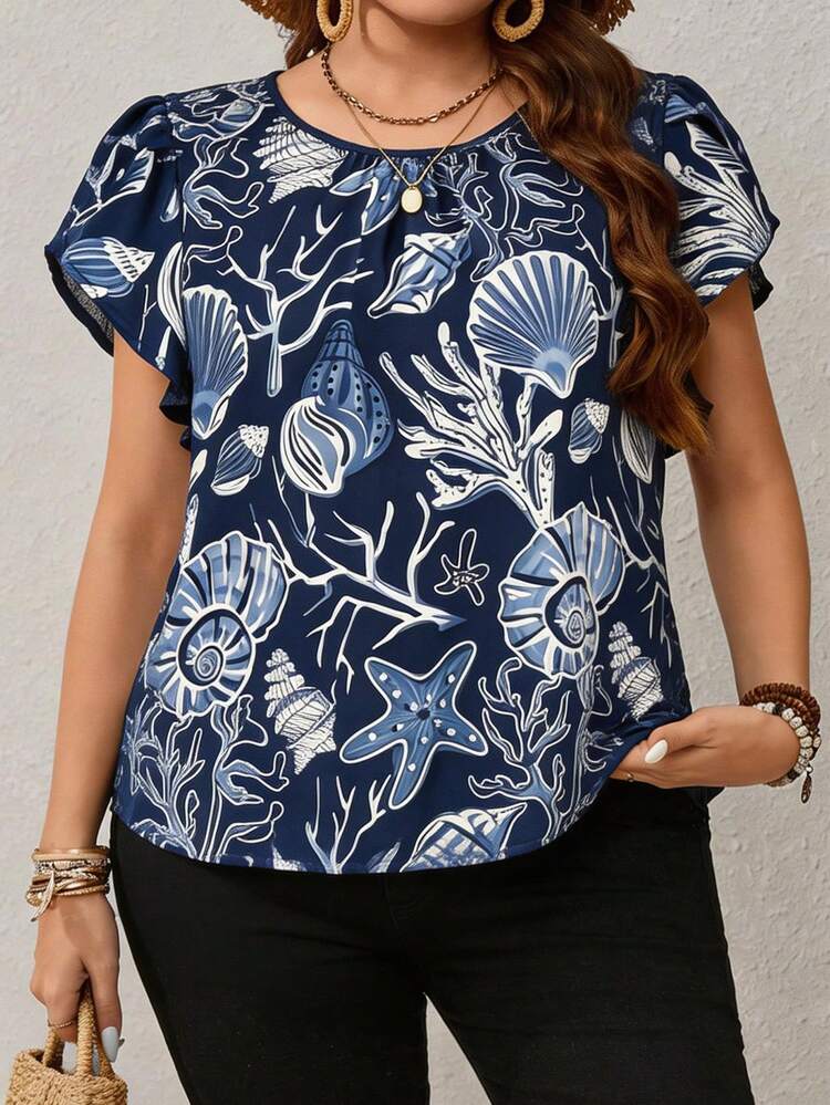 Plus Size Women's Early Spring Blue Petal Sleeve Blouse\Summer\Vacation Summer Tops Summer Outfits Summer Clothes  Spring  Spring Outfit Women Spring Clothes Country Style For Women Beach Outfits For Women  Beach Vacation Outfits For Women Seaside Retro Mannequin Window Display