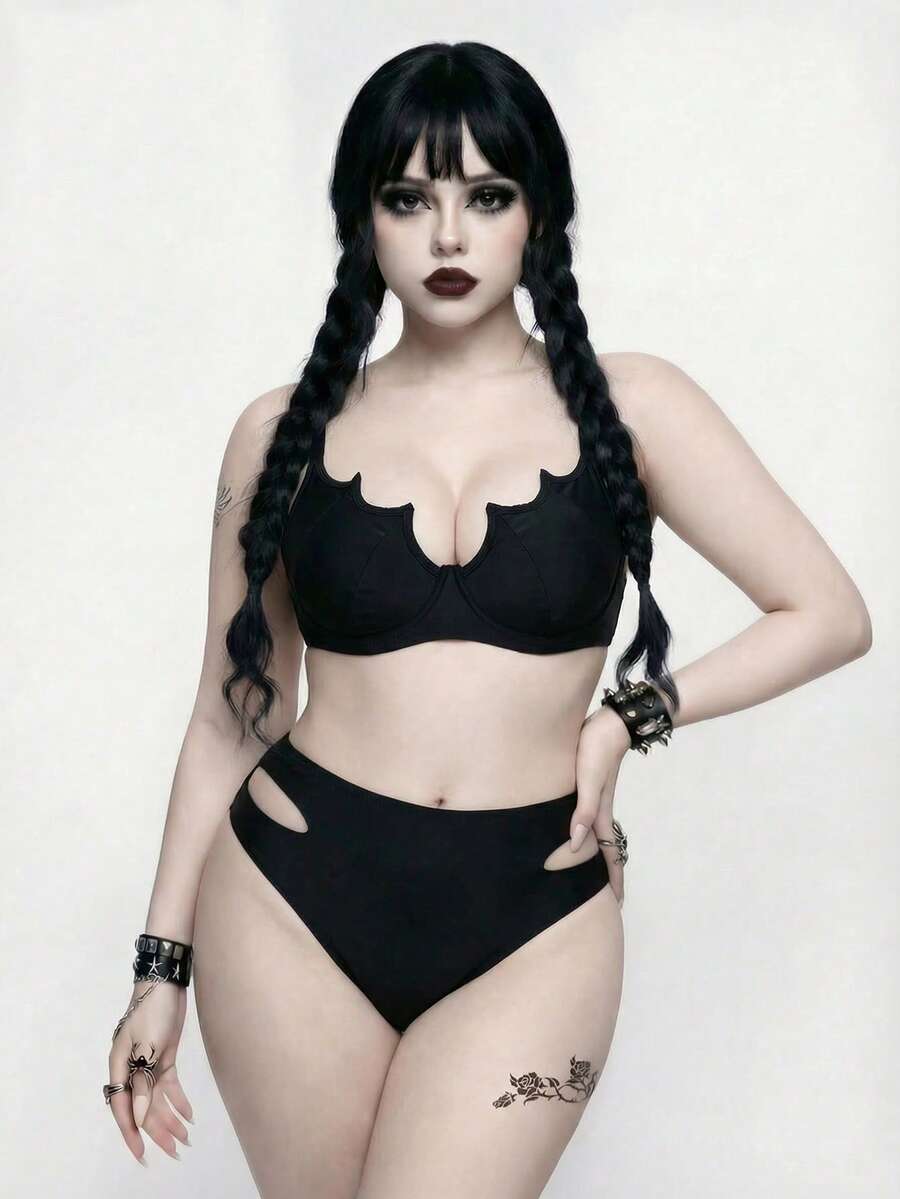 ROMWE Goth Traje de baño de 2 piezas de estilo gótico talla grande - Negro - Ver 1