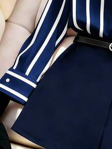 GlowEve CURVE Plus Size Women's Blue & White Striped Preppy Style 2 Pieces Set - Navy Blue - View 3