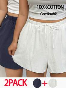 SHEIN EZwear 2件套加大码蓝白短裤，春夏新品 - 藍色 - 查看 1