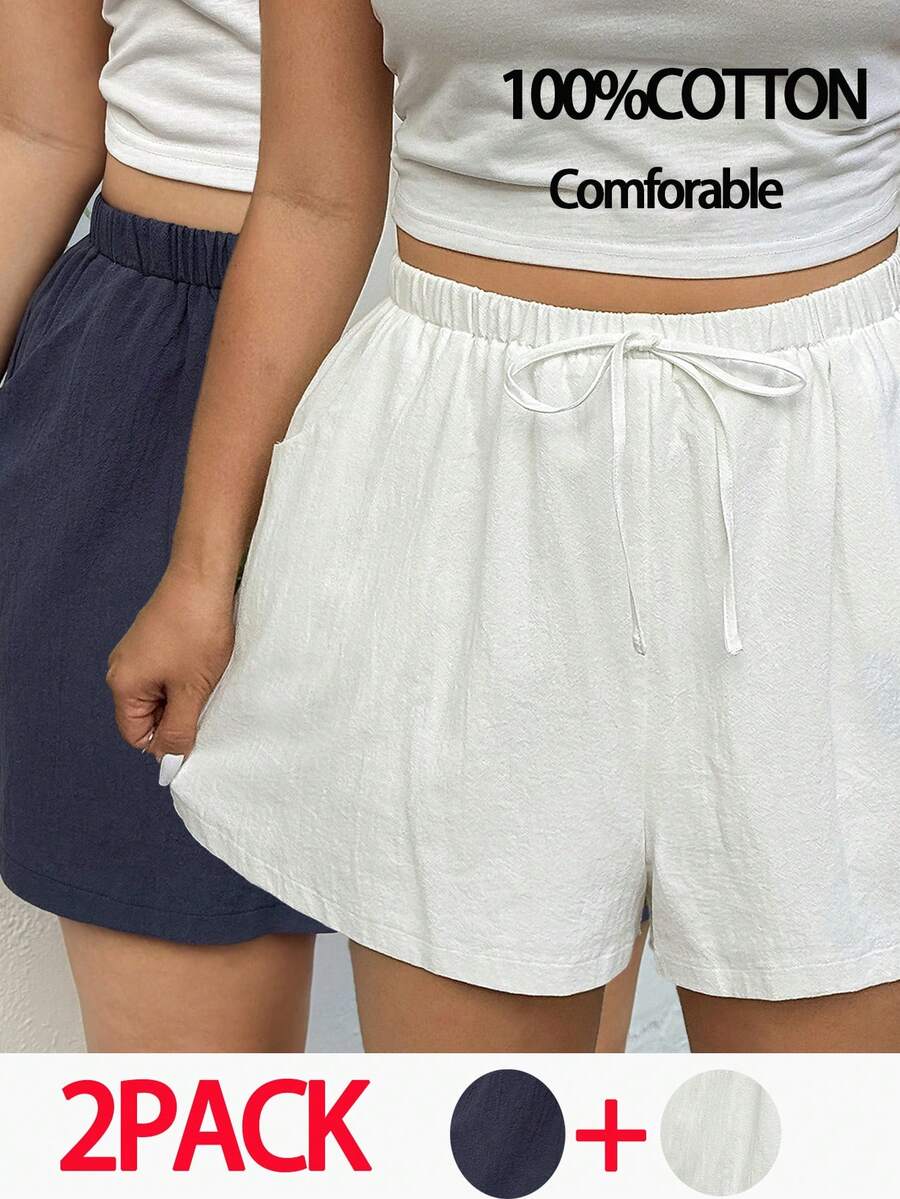 SHEIN EZwear 2件套加大码蓝白短裤，春夏新品 - 藍色 - 查看 1