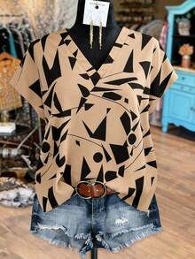 SHEIN LUNE CURVE 大码女式休闲度假V领蝙蝠袖印花衬衫，夏季 - 彩色 - 查看 1