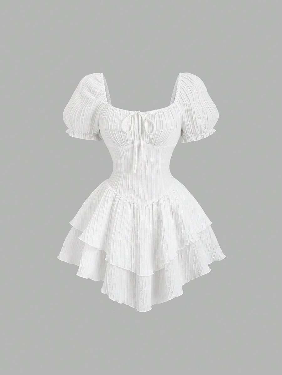 Sweetra Fashionable Minimalist Sexy Style Short Sleeve Square Neck Design, Exquisite Textured Fabric, Waist Cinching, Unique Hemline Design, Summer White New Arrival, Elegant Bombshell Party Dress - White - View 1