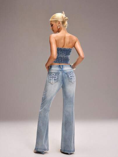 Y2Kool Studio Chunk Women's Retro Pattern Embroidered Slim Fit Flare Leg Jeans, Light Blue