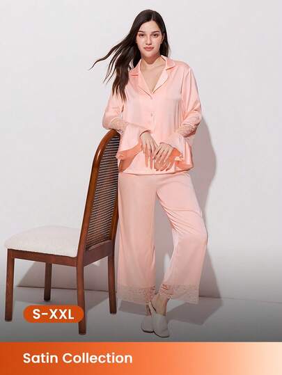 LUVLETTE 春日清新浅粉色缎面睡衣套装 - 喇叭袖上衣和蕾丝边阔腿裤，柔软舒适，适合居家休闲穿着。