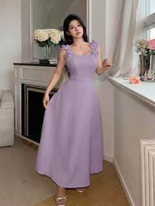 Feyla 女士纯色简约日常3D花卉装饰吊带连衣裙 - 淡紫色 - 查看 5