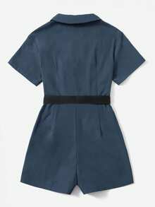 SHEIN Essnce Women's Solid Color Minimalist Short Sleeve Woven Jumpsuit - Blue - View 2