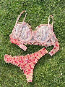 2 件套女士性感内衣：粉色牡丹印花网眼褶皱钢圈性感文胸搭配褶皱丁字裤性感内裤，可爱 - 粉色 - 查看 2