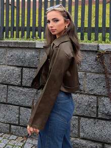 Jeta Ari 女士宽松休闲机车风PU皮夹克，长袖，秋季服装 - 棕色 - 查看 5